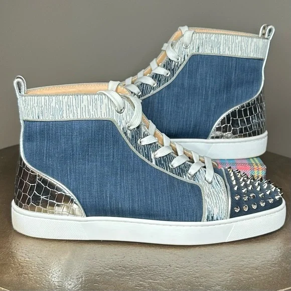 Christian Louboutin Denim and Silver Studded Sneakers - Picture 3 of 8
